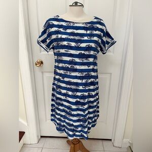 Urban Exchange striped dress with palm trees. Blue and White Striped Midi Dress